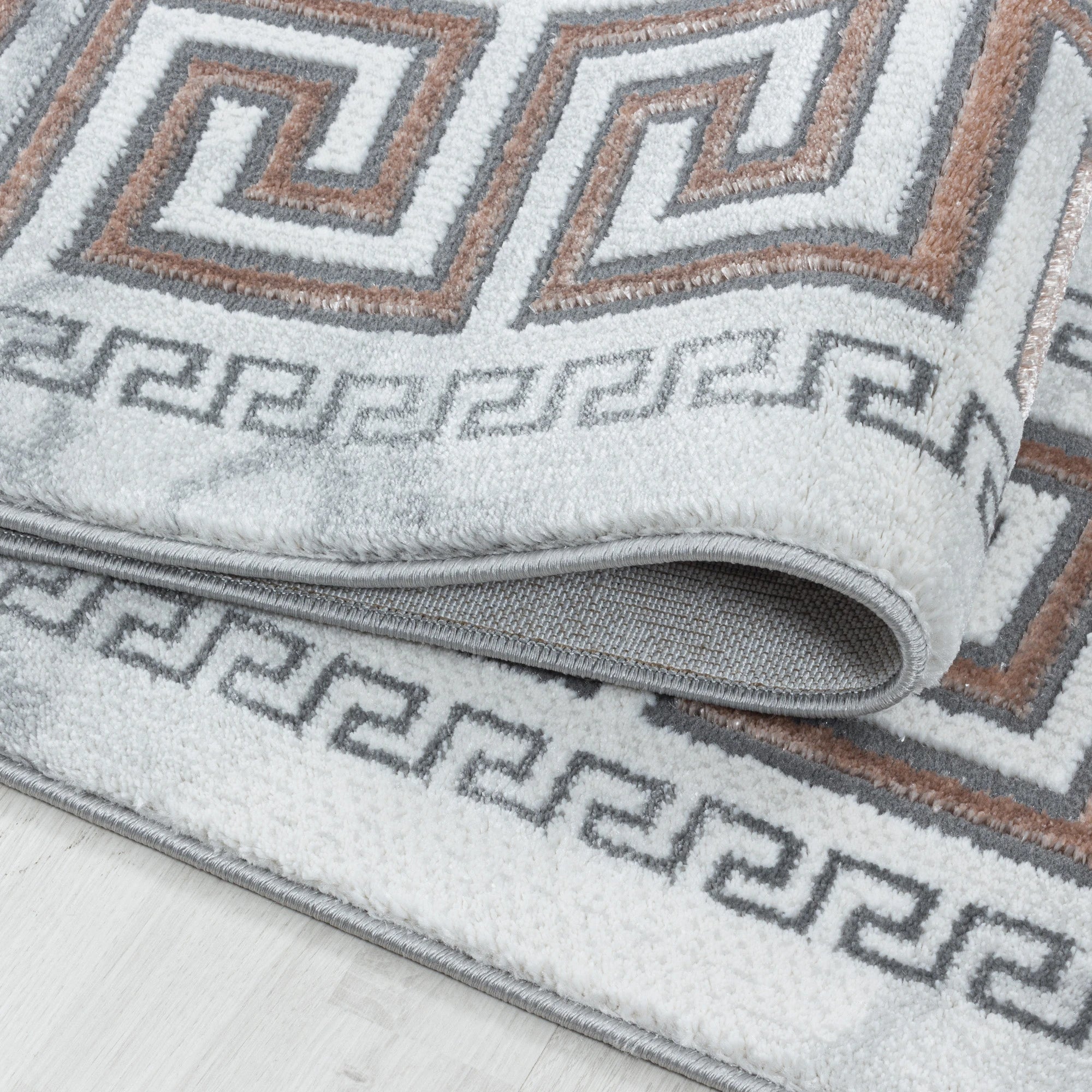 Modern Greek Key Marble Look Border Area Rug | Bronze