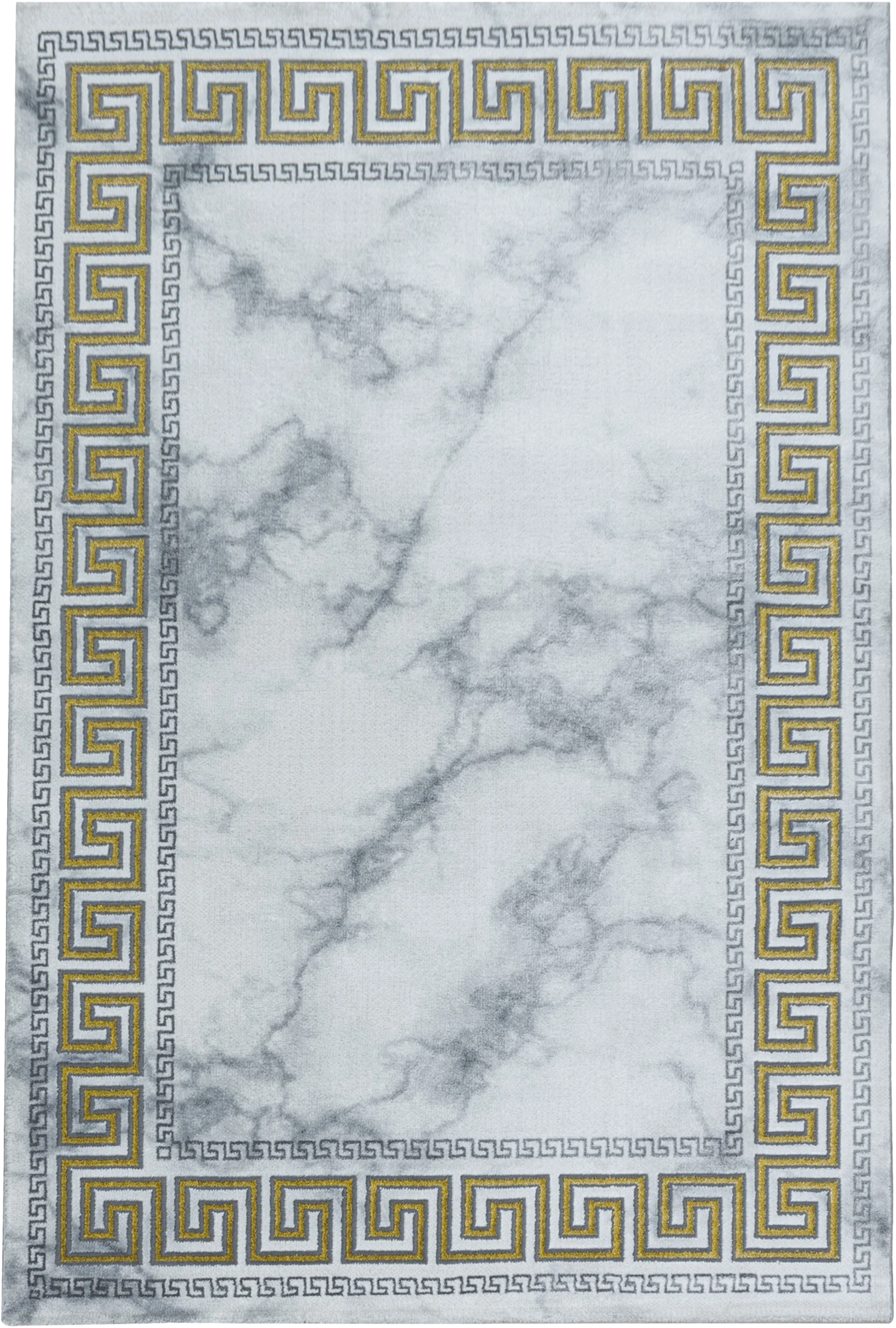 Modern Greek Key Marble Look Border Area Rug | Gold