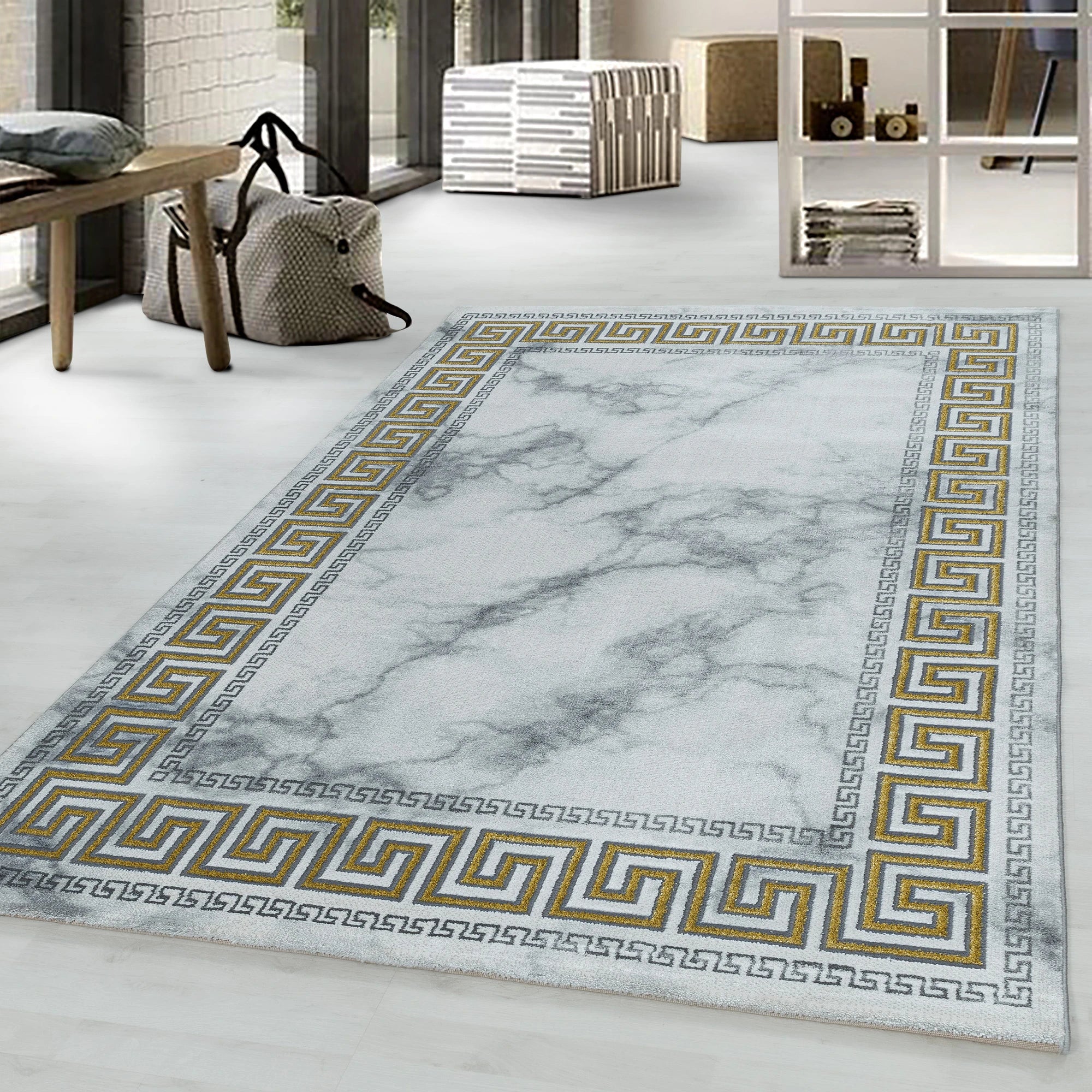 Modern Greek Key Marble Look Border Area Rug | Gold