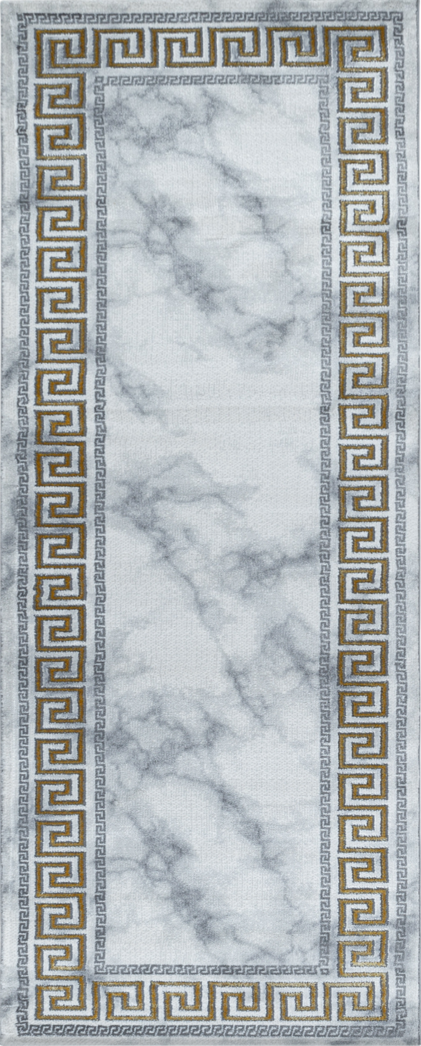 Modern Greek Key Marble Look Border Area Rug | Gold
