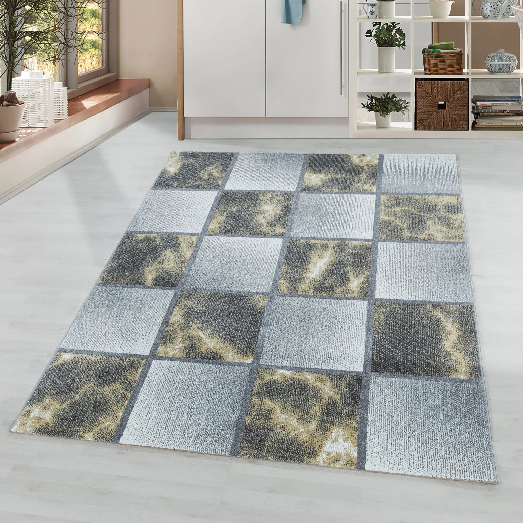 Abstract Marble Effect Checkerboard Area Rug | Yellow