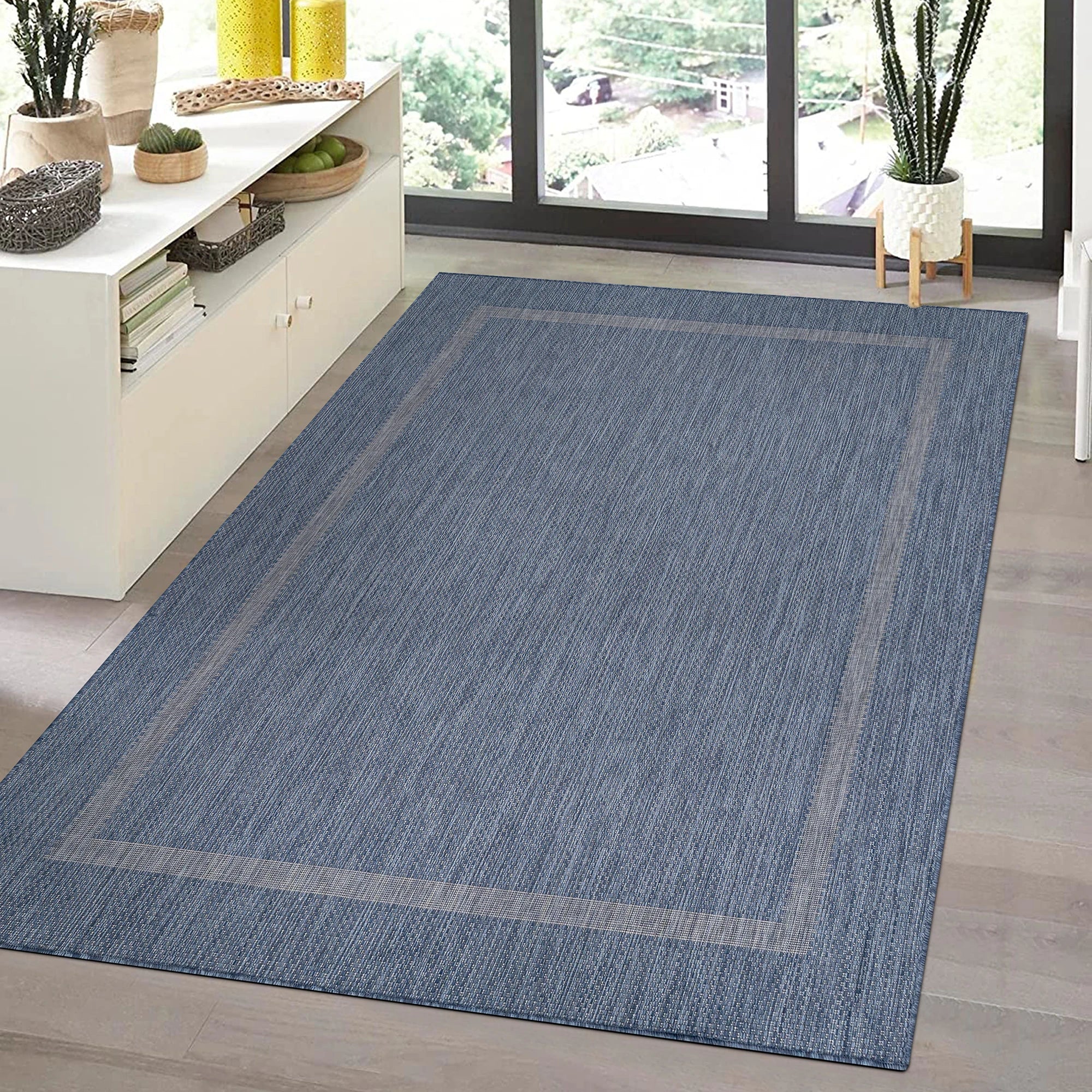 Durable Blue Patio Rug | Border Design
