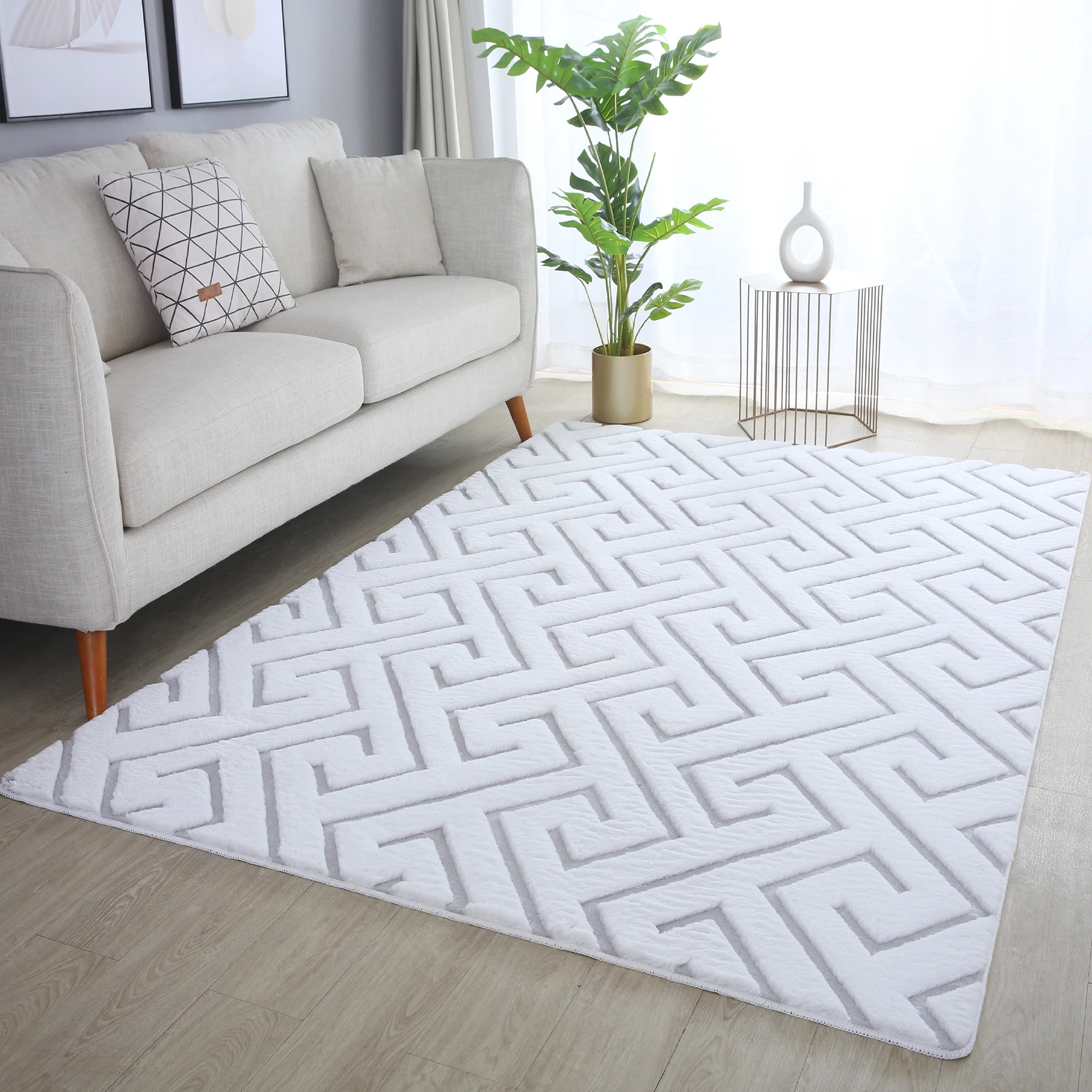 Scandinavian Fluffy Geometric Rug Silver