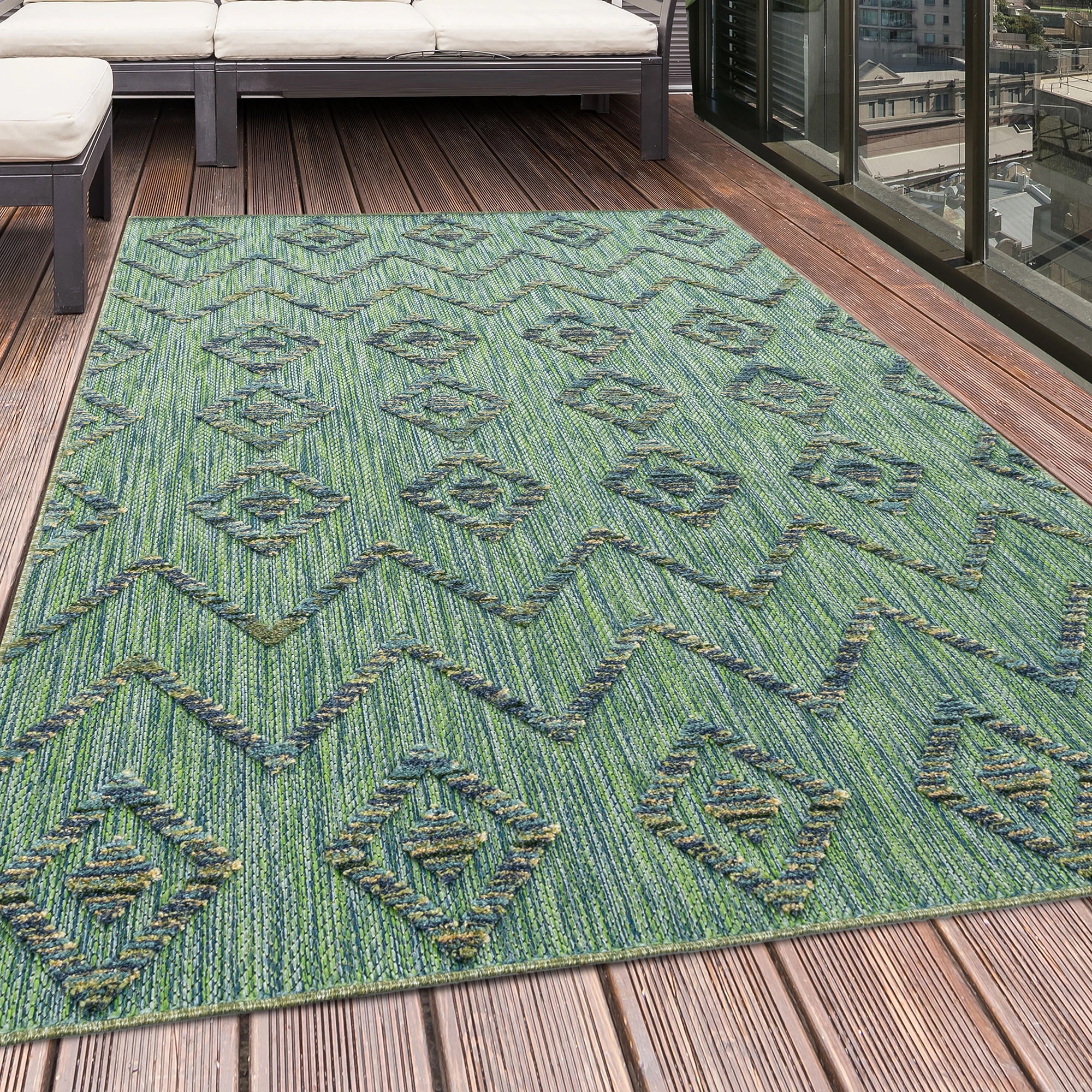 Boho Geometric Outdoor Rug | Green