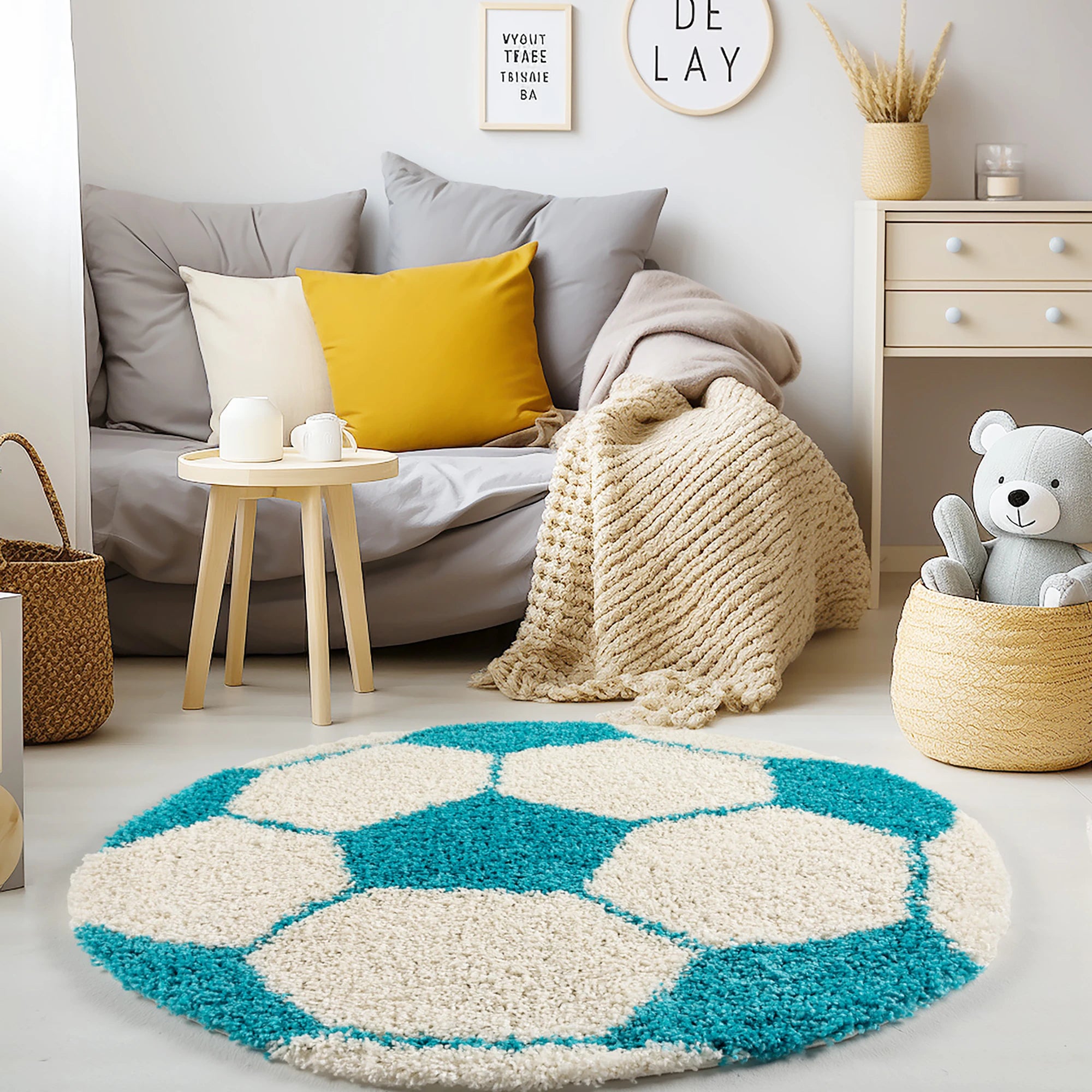 Round Football Shaggy Kids Rug | Turquoise
