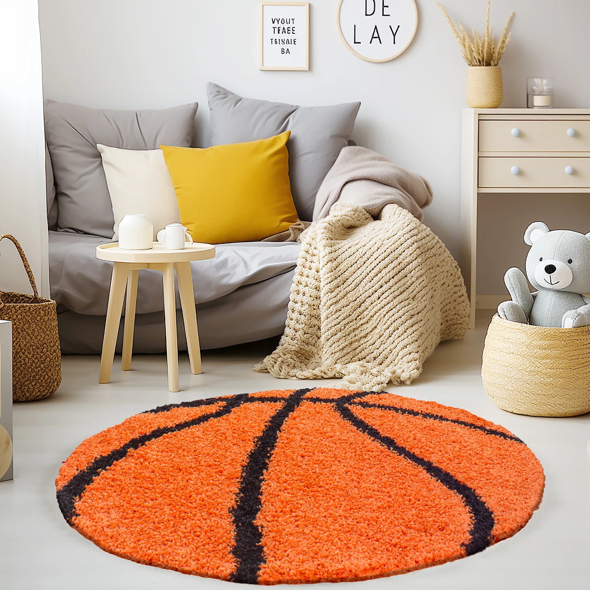 Round Basketball Shaggy Kids Rug | Orange