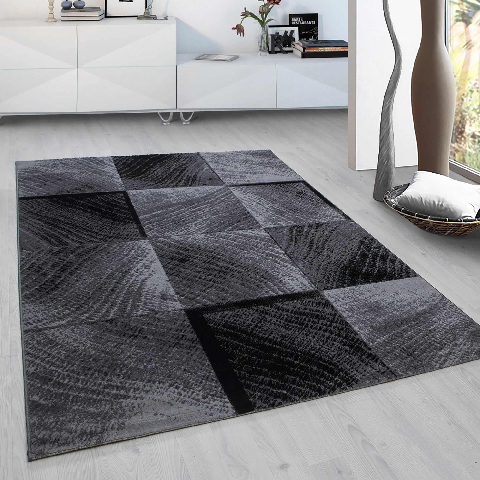 Modern Abstract Wood Ring Block Rug | Black