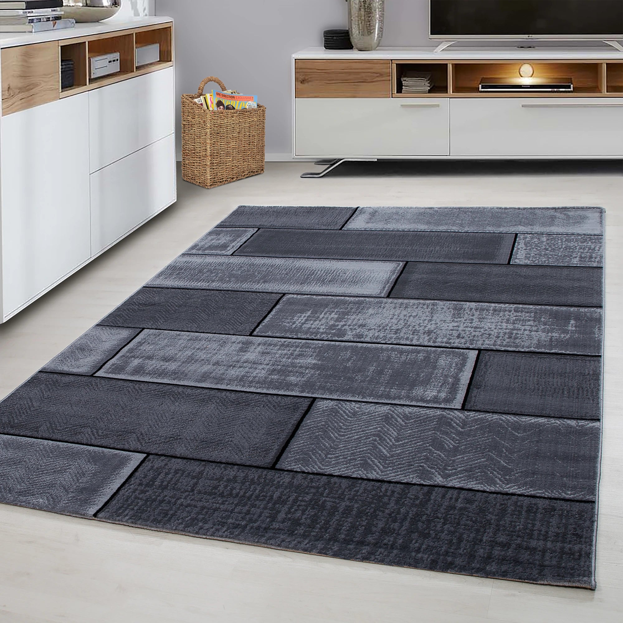 Abstract Patterned Rectangular Block Rug | Black