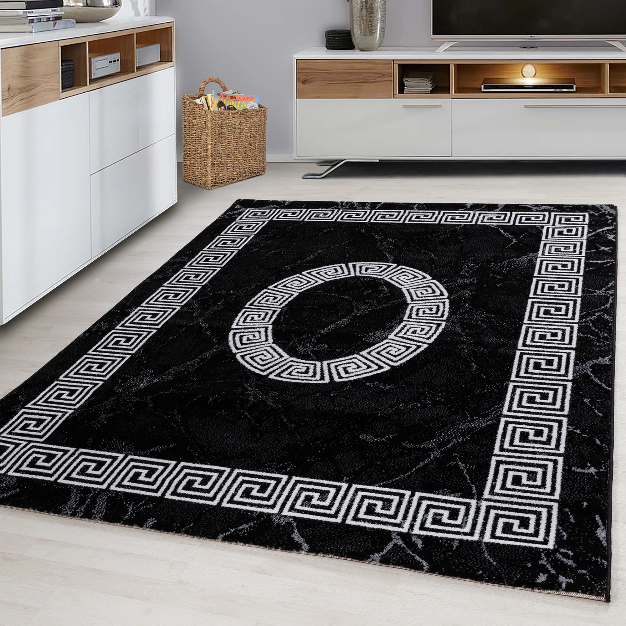 Modern Faux Marble Effect Border Carpet | Black