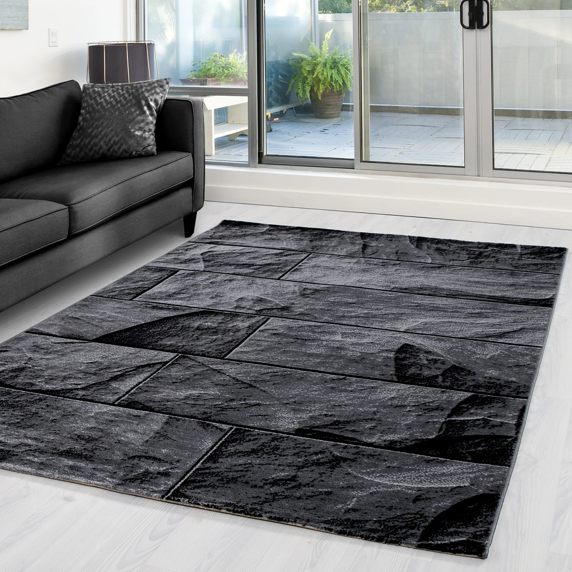 Modern 3D Stone Block Pattern Area Rug | Black