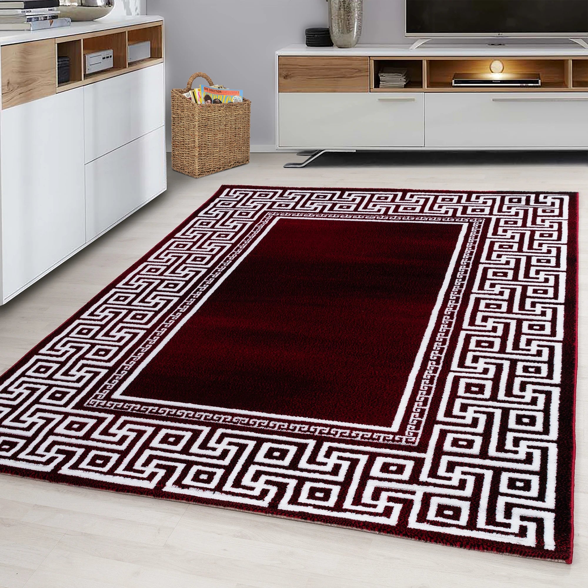 Modern Meander Border Area Rug | Red