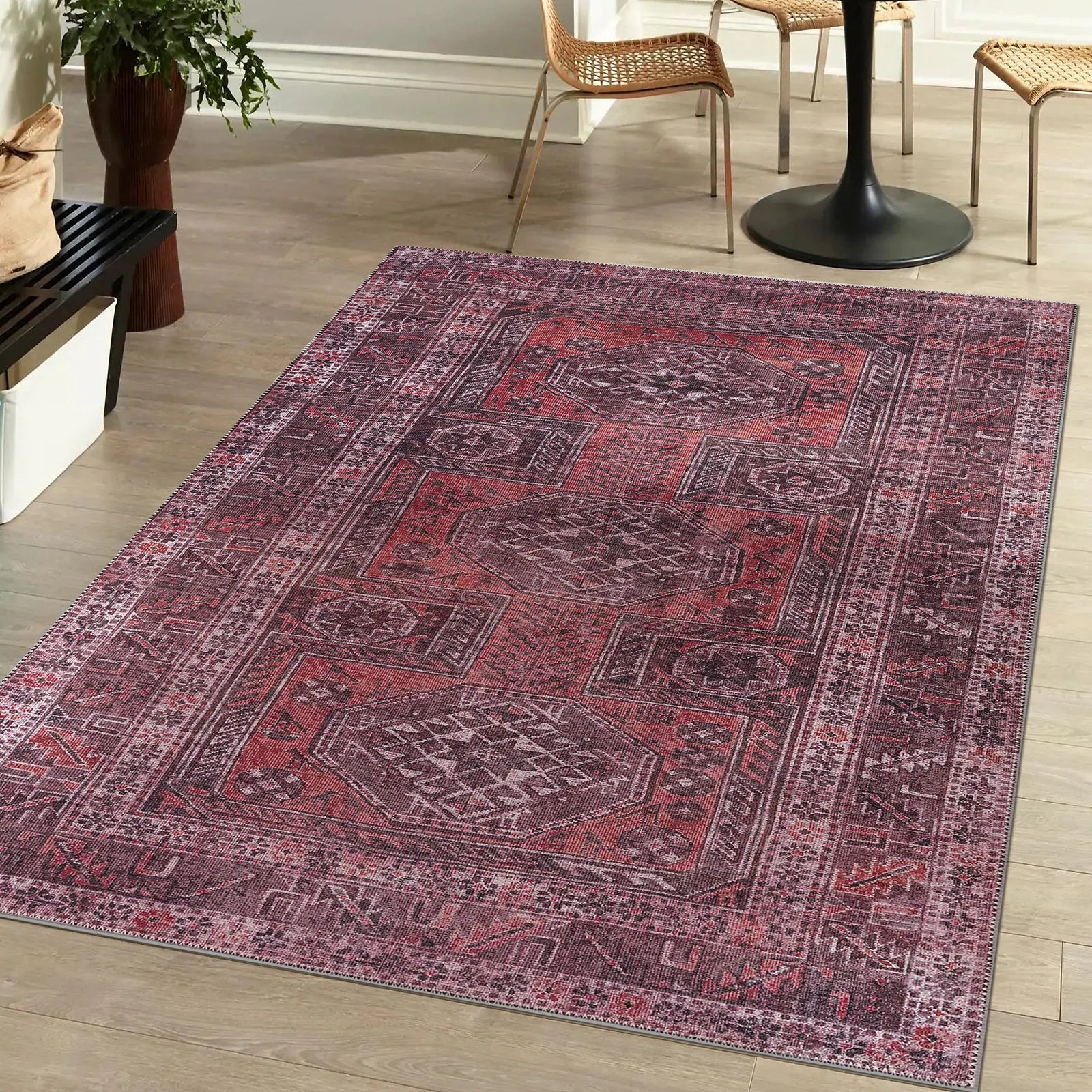 Romantic Vintage Washable Red Rug - Bella Rugs