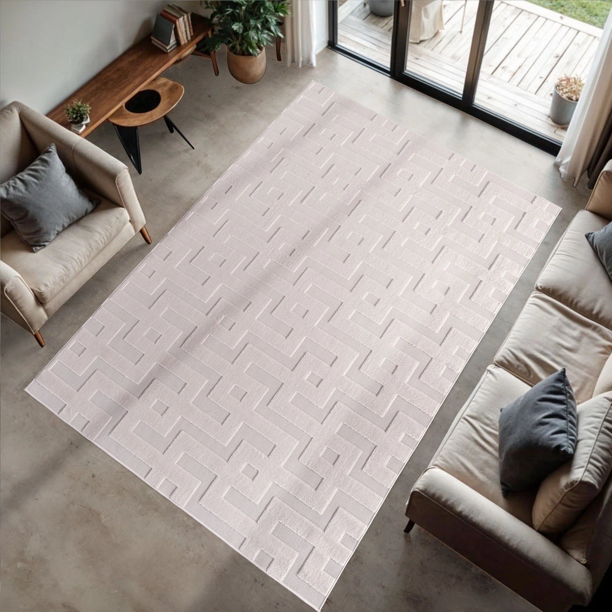 Abstract Labyrinth Maze Pattern Area Rug | Cream