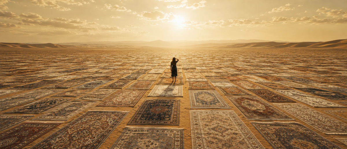 Eine weite Wüstenlandschaft bei Sonnenuntergang mit vielen großen, gemusterten Teppichen, die in Reihen auf dem Boden ausgelegt sind, und einer kleinen Person in der Mitte der Szene.