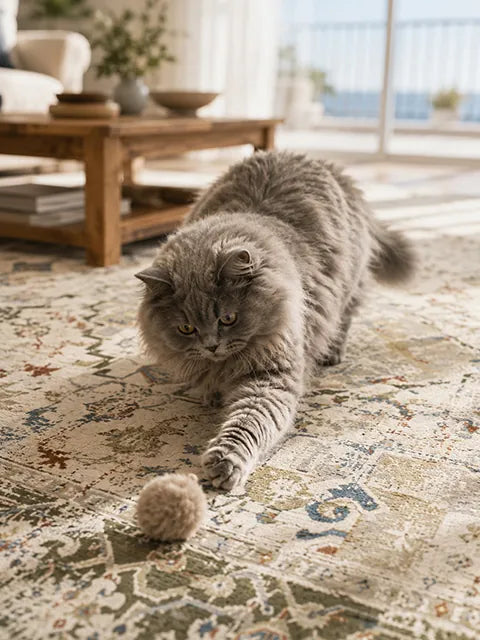 Eine niedliche Britisch-Langhaar-Katze spielt mit einem Ball auf einem haustierfreundlichen grünen Teppich. Im Hintergrund stehen ein Couchtisch und man hat einen Blick auf das Meer.
