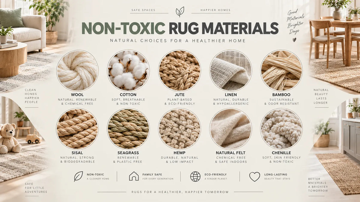 An infographic-style promotional graphic for non-toxic rug materials, showing a collage of rug options such as cotton, chenille and more. Large text reads 'NON-TOXIC RUG MATERIALS' with supporting copy about natural choices for a healthier home.
