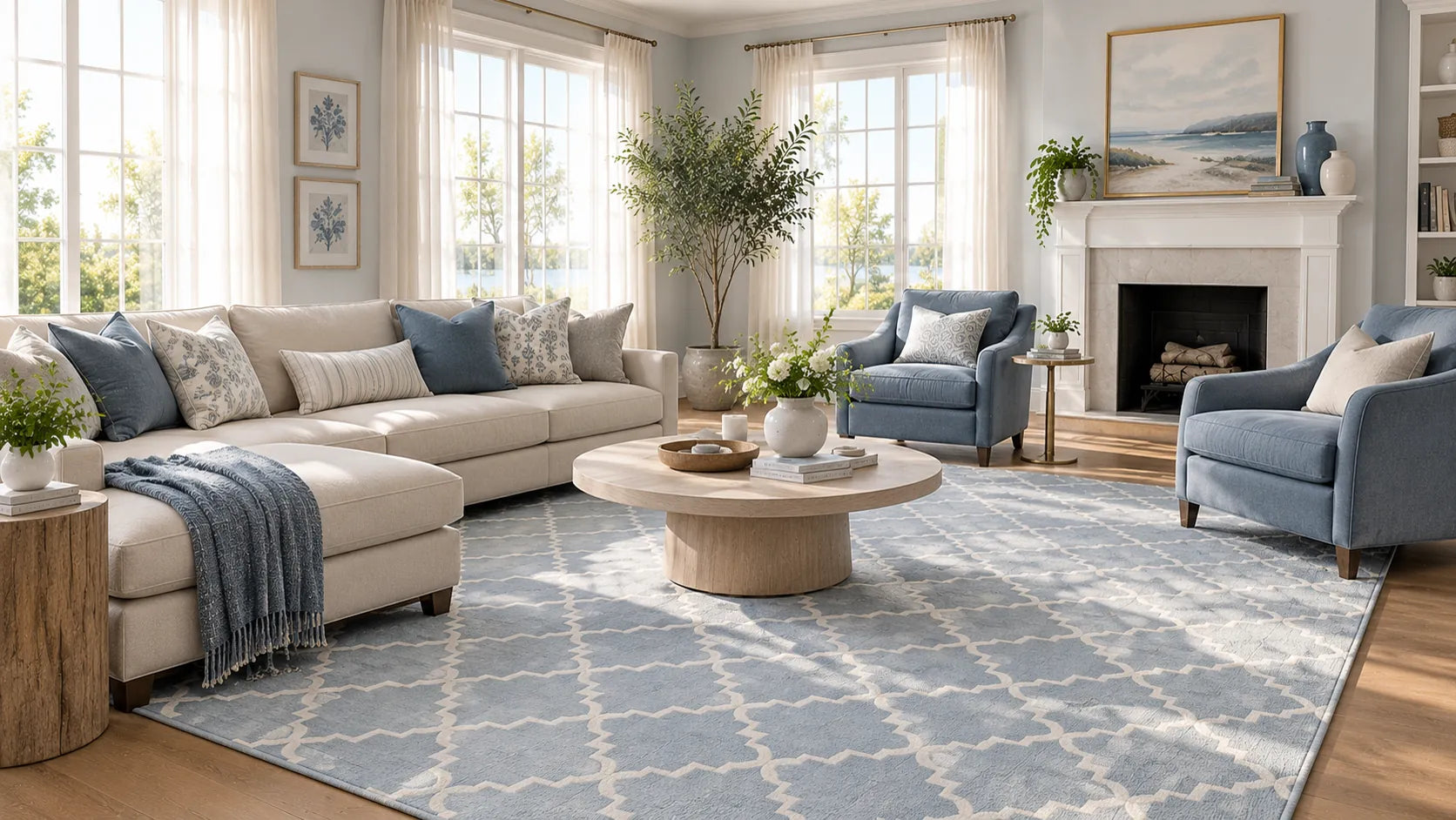 A beautifully styled living room featuring a large light blue and white patterned area rug under a cream sectional sofa, blue accent chairs, a round wooden coffee table, and a white fireplace in the background.