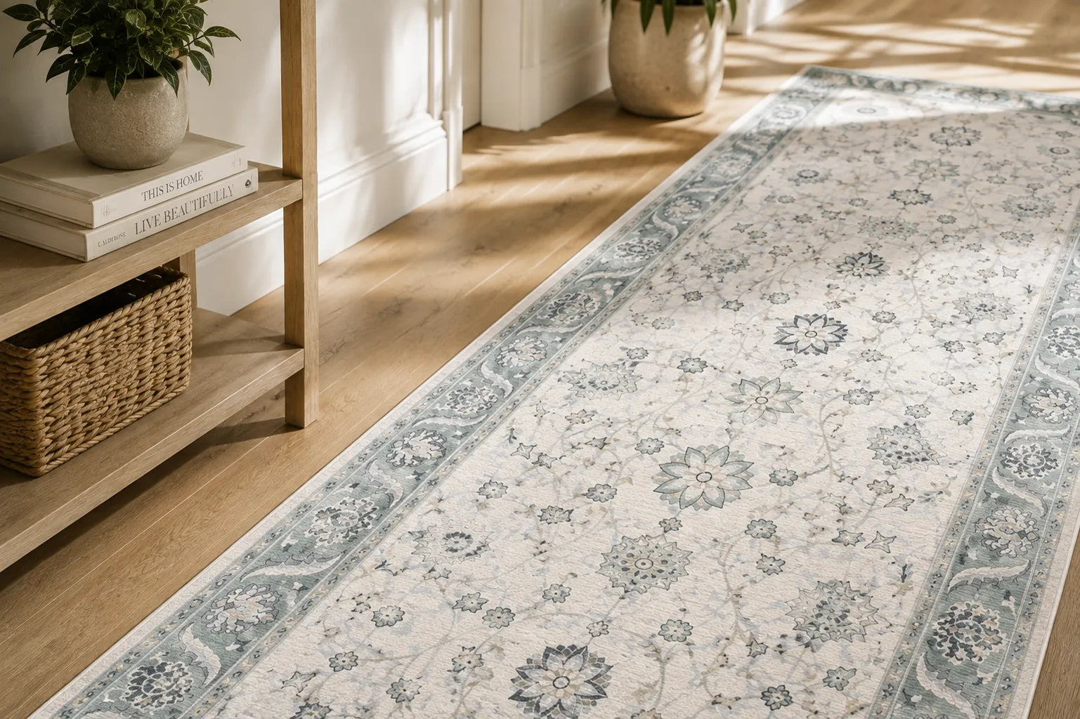 A close view of hallway runner rug in a bright hallway in a modern home. 