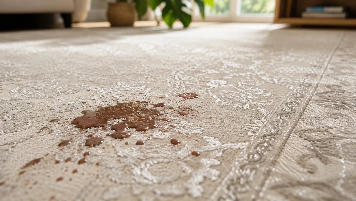 A close-up of a beige patterned area rug with a brown liquid spill in the center, set in a brightly lit living room with blurred furniture and a plant in the background.