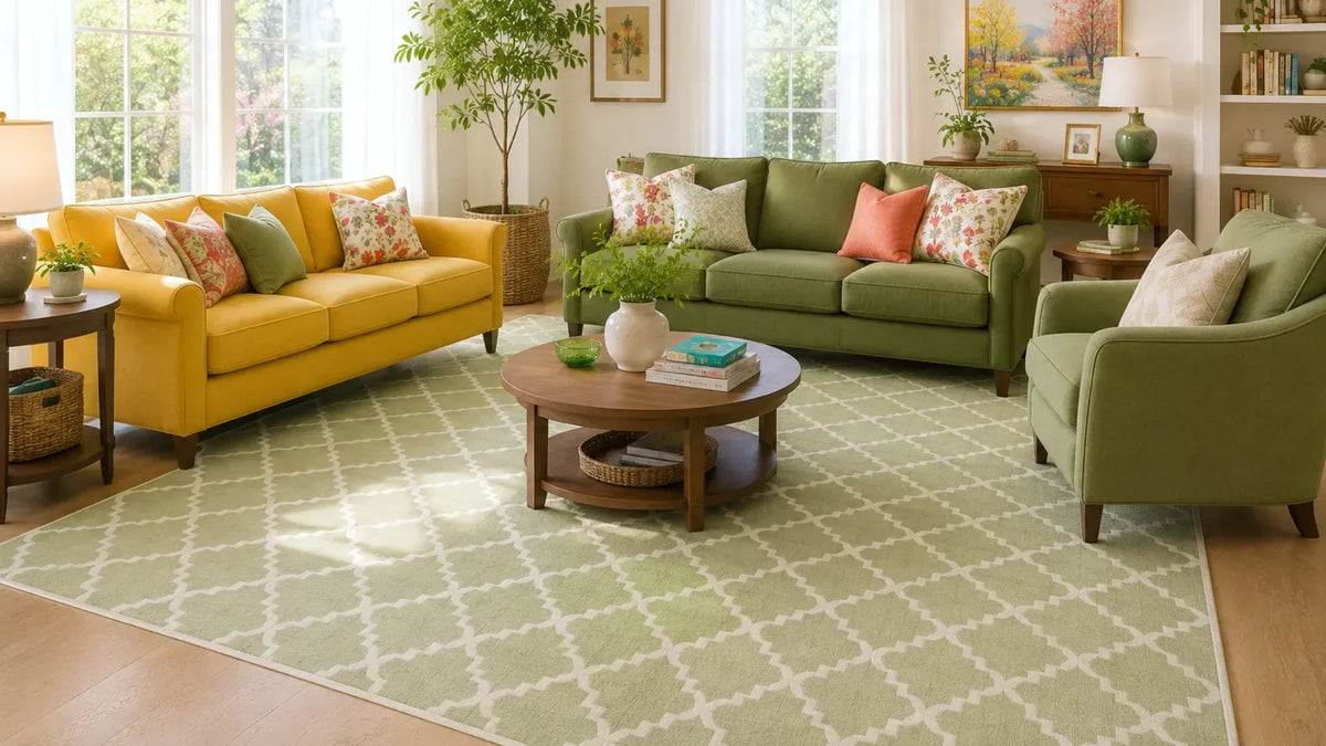 A large light green and white geometric patterned area rug in a bright, modern living room with a yellow sofa, green sofa, and green armchair.