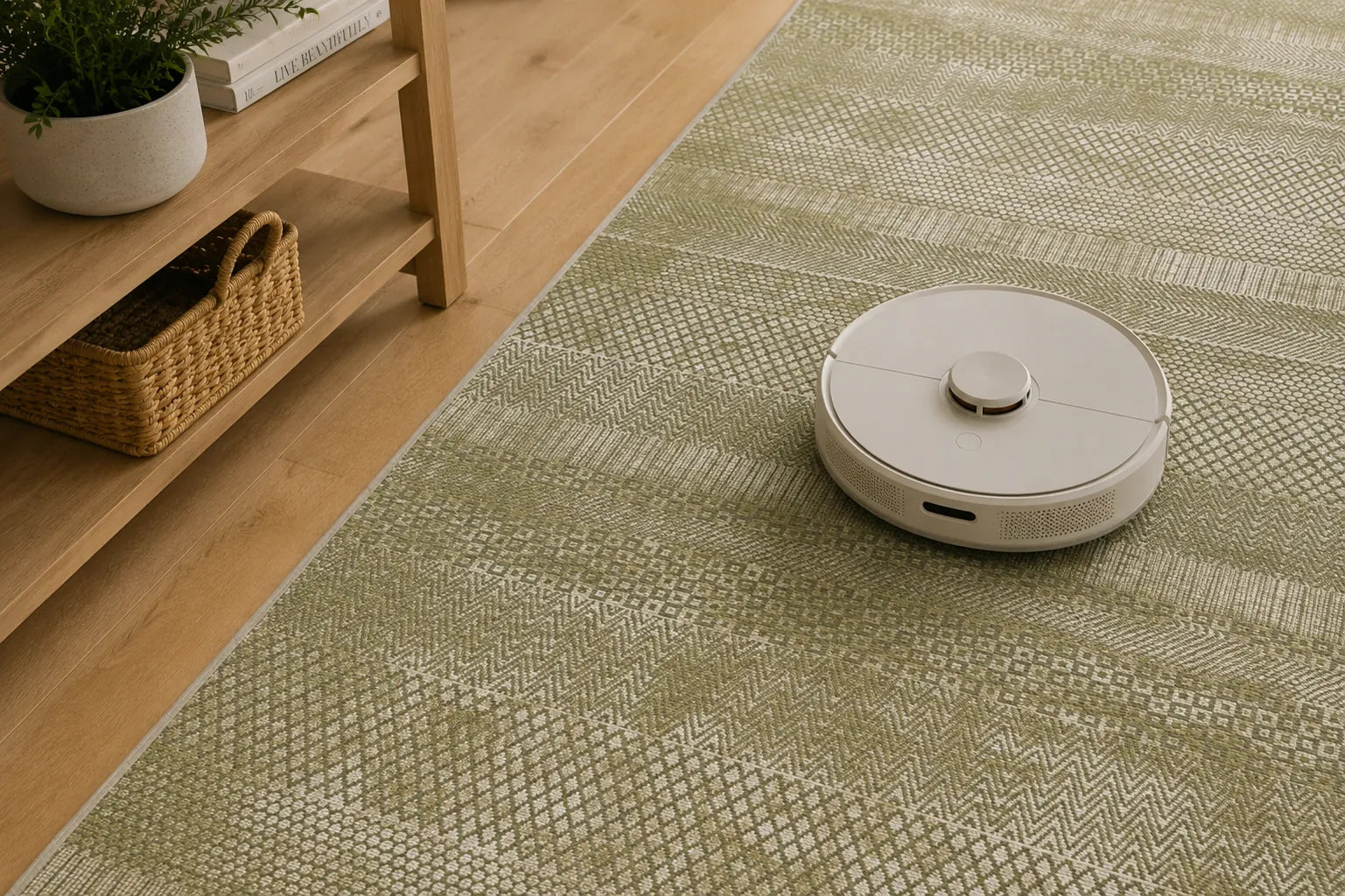 A white robotic vacuum cleaner operating on a textured sage green and beige patterned area rug in a modern room with light wood flooring and a wooden shelf.