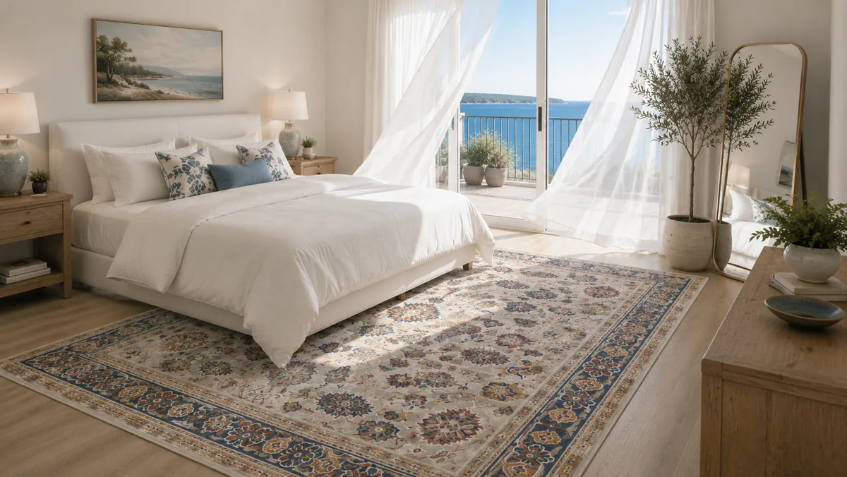 A large traditional-style area rug with an intricate blue, beige, and brown floral pattern is styled in a bright, modern bedroom with a white bed, wooden nightstands, and a large window overlooking the ocean.