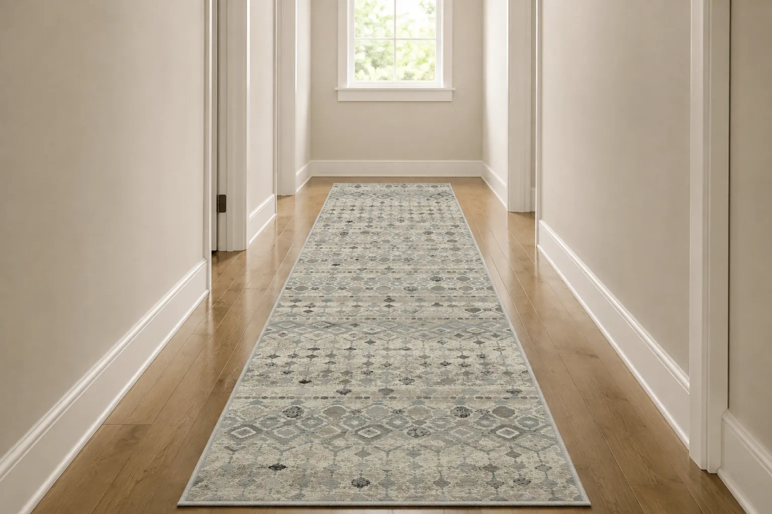 A long runner rug with a distressed traditional pattern in light blue, gray, and beige, shown on a hardwood floor in a hallway.