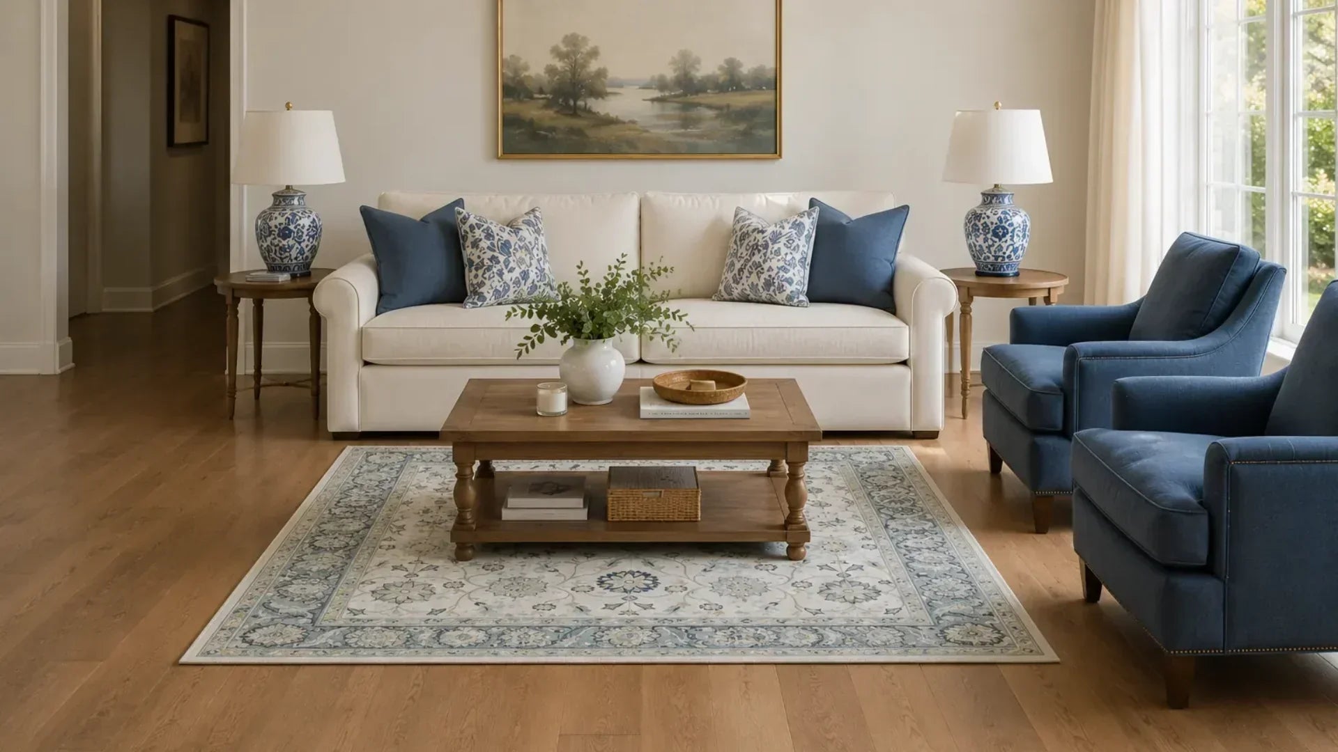 A styled living room featuring a cream sofa with blue and white patterned pillows, two blue armchairs, a wooden coffee table, and a blue and white patterned area rug on a hardwood floor.