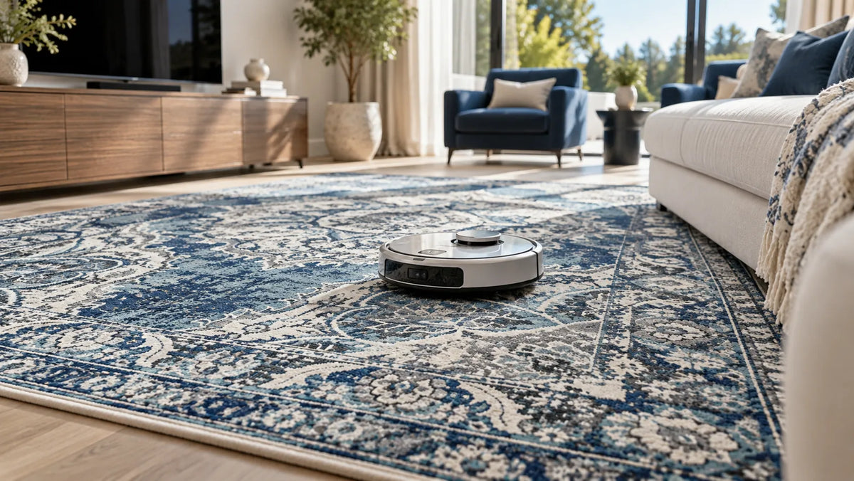 A round robotic vacuum cleaner sits on a large blue and cream patterned area rug in a modern living room with a white sofa, blue armchair, and wooden media console.