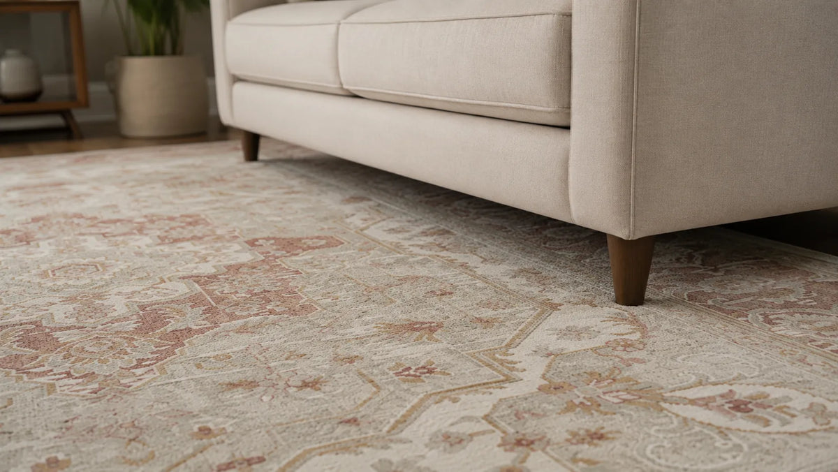 A close-up of a traditional area rug with an intricate floral and geometric pattern in beige, cream, and dusty rose tones, shown under a light beige upholstered sofa in a living room setting.