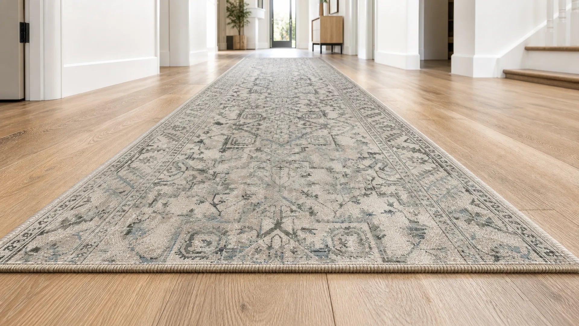 A washable runner rug in hallway. Rug is loomed and it has chenille material. Thin, non-slip, washable and durable for hallways.