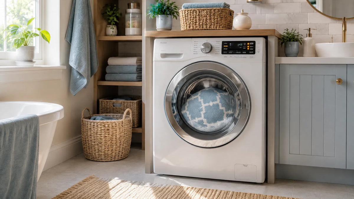 A blue, lattice rug in a white front-loading washing machine stands in a bright, modern laundry room with wooden shelves, a sink, plants, and a bathtub nearby.