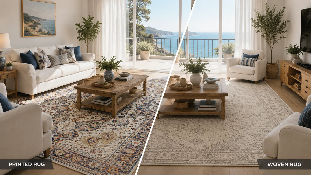 A split-screen comparison of two rug styles in a bright coastal living room. The left side shows a printed rug with a detailed multicolor traditional pattern, and the right side shows a woven rug in a light beige/cream tone.