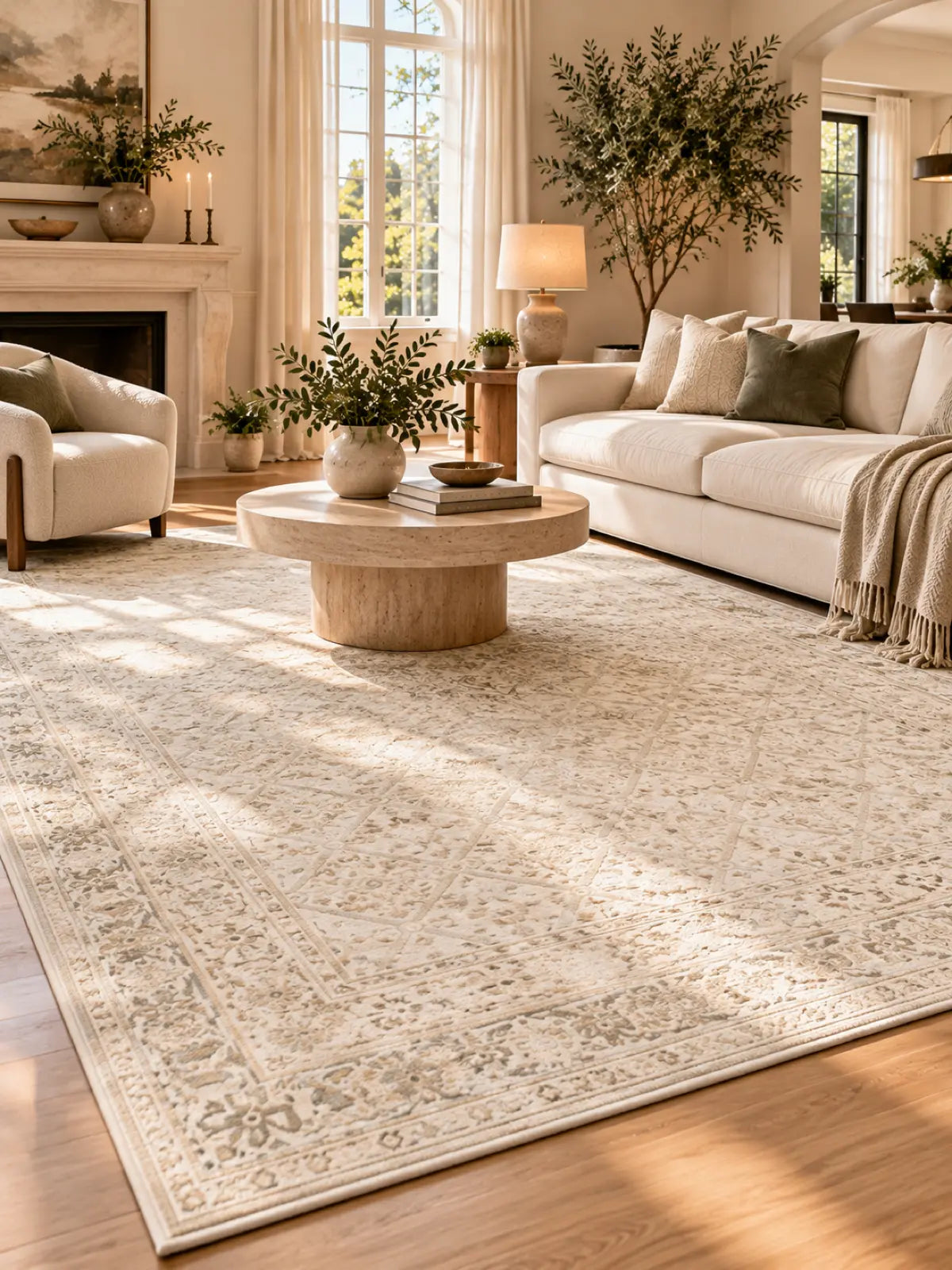 A large cream and beige area rug with an ornate traditional border pattern, styled in a bright, sunlit living room with a round stone coffee table, cream sofa, and wooden floor.
