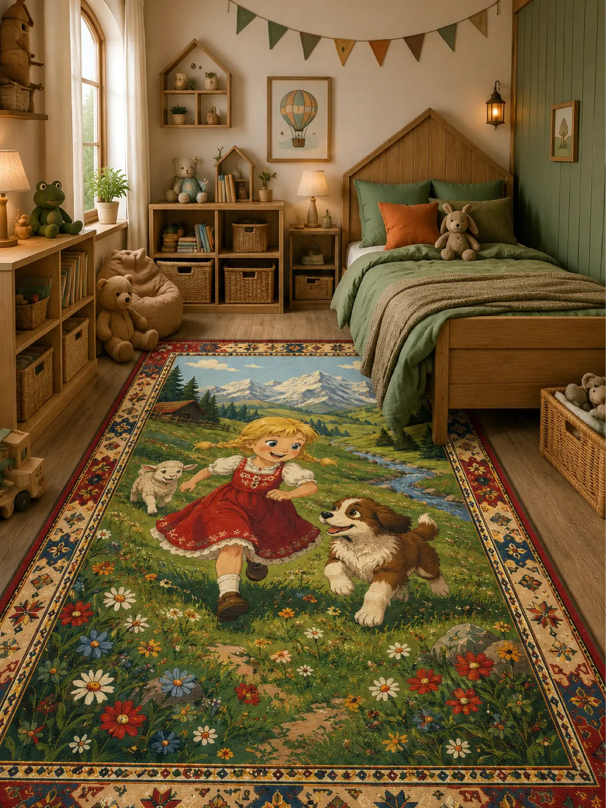 A large rectangular area rug with a colorful printed scene of a girl in a red dress running with two dogs in a grassy field, shown in a styled children's bedroom with a wooden bed, shelves, and toys.
