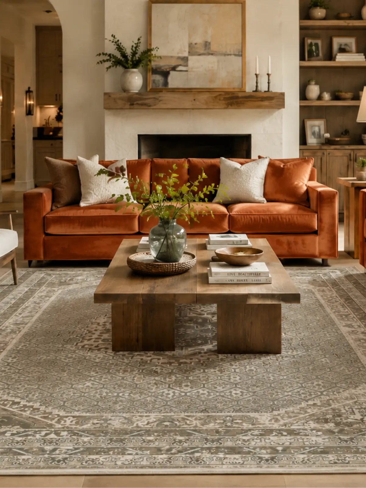 Stylish rug in a living room with orange furniture
