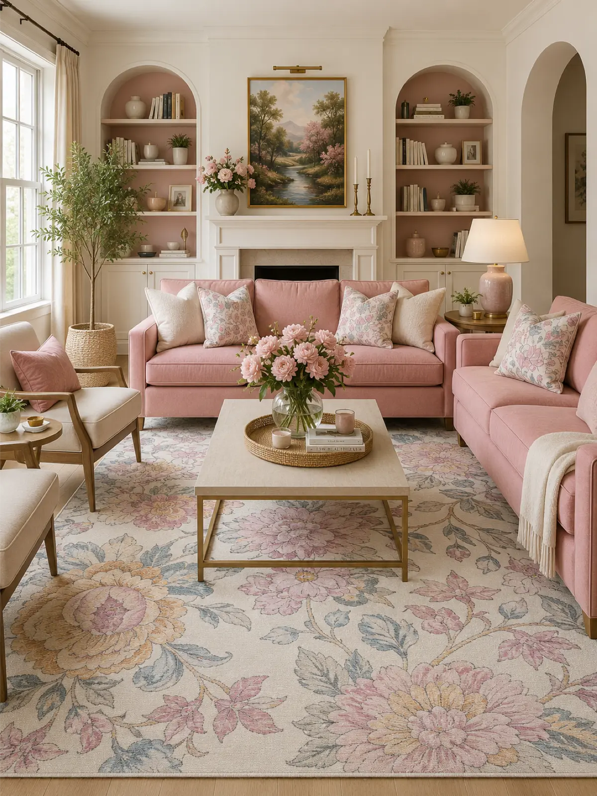 A beautifully styled living room featuring a large floral rose area rug in pink, beige, and blue tones, paired with a pink sofa, cream armchair, and a matching floral throw blanket.