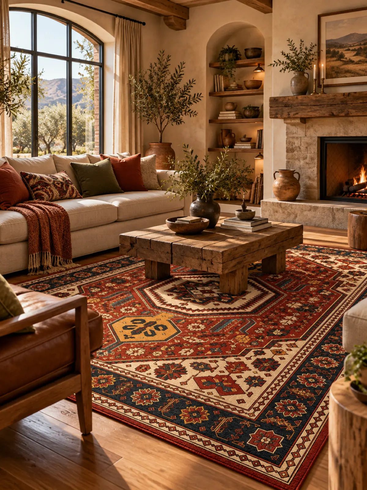 A large rustic-style area rug with a red, beige, and navy geometric pattern is styled in a warm, rustic living room with a wooden coffee table, stone fireplace, and leather sofa.