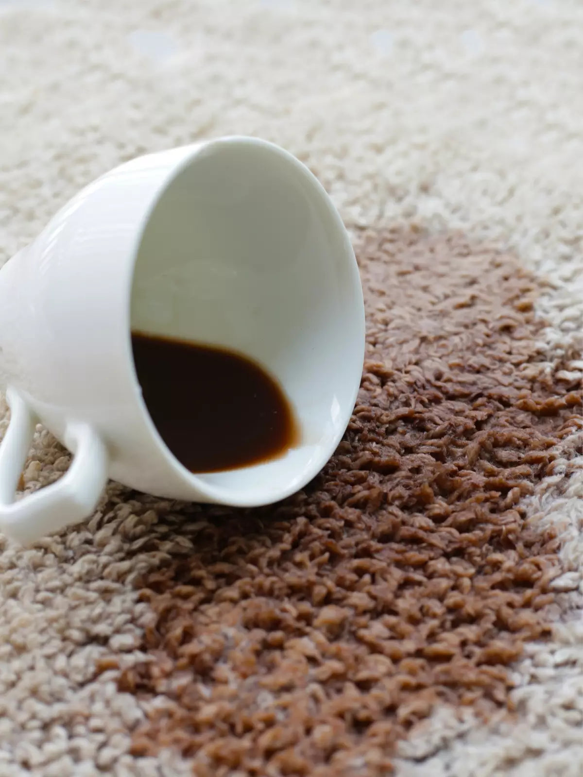A light gray rug with a textured pattern, featuring a spilled cup of coffee lying on its side, with brown coffee pooling on the surface.