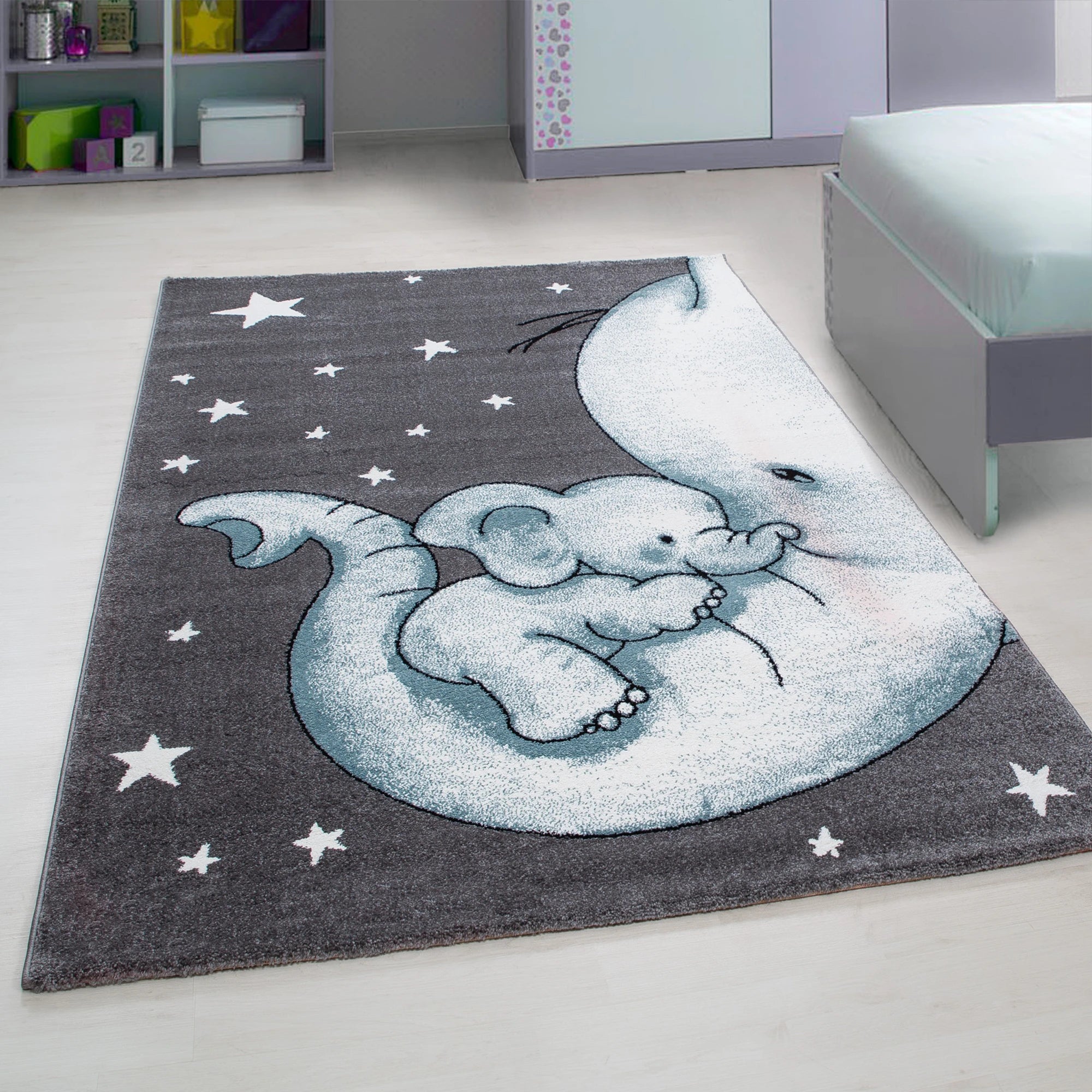 Cute Snuggling Elephant Nursery Rug | Blue