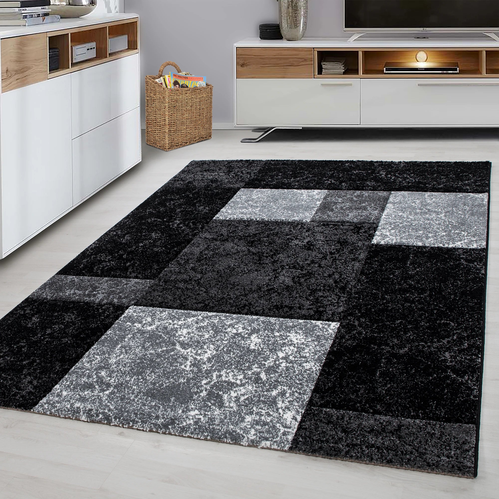 Modern Abstract Textured Block Area Rug | Black