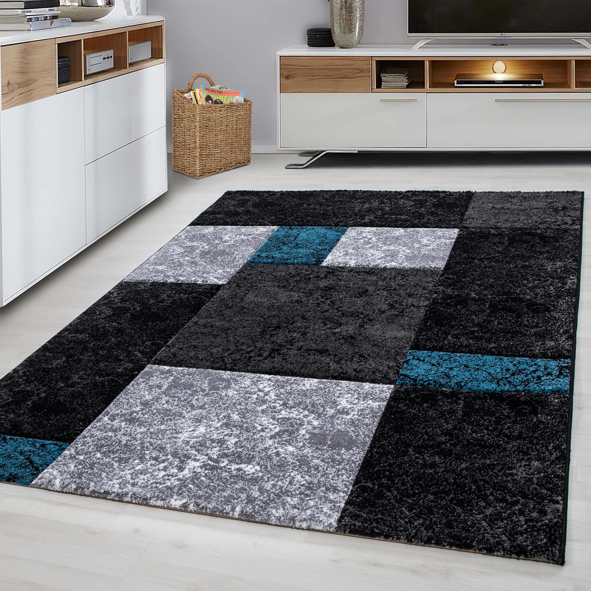 Modern Abstract Textured Block Area Rug | Turquoise