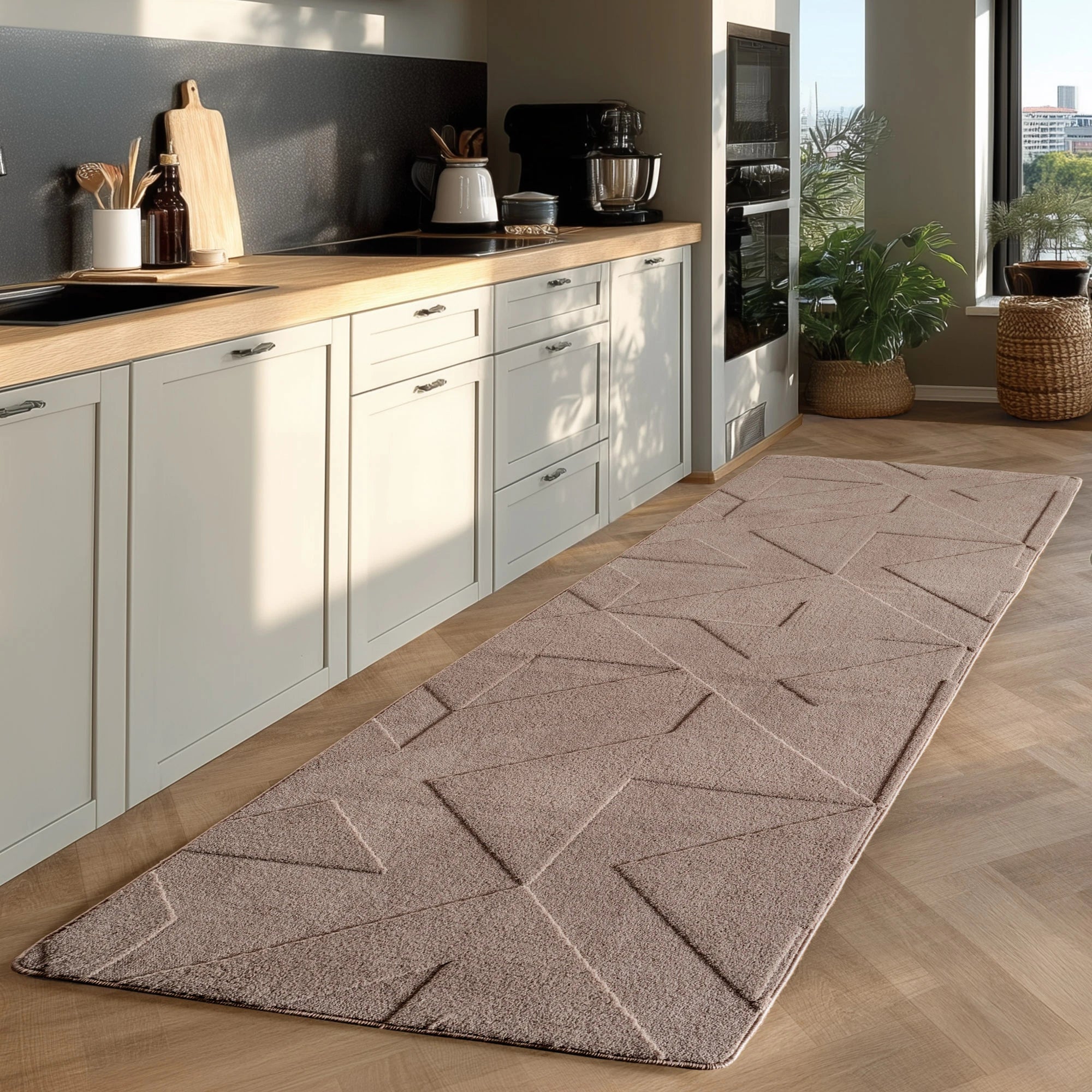 Minimalist Etched Block Design Rug | Beige
