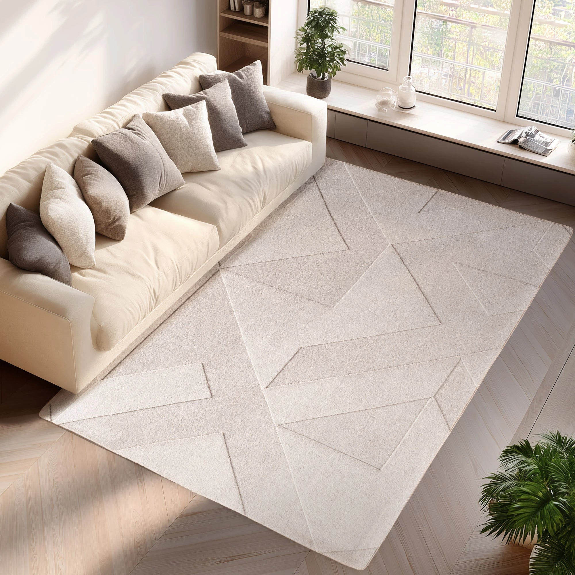 Minimalist Etched Block Design Rug | Cream