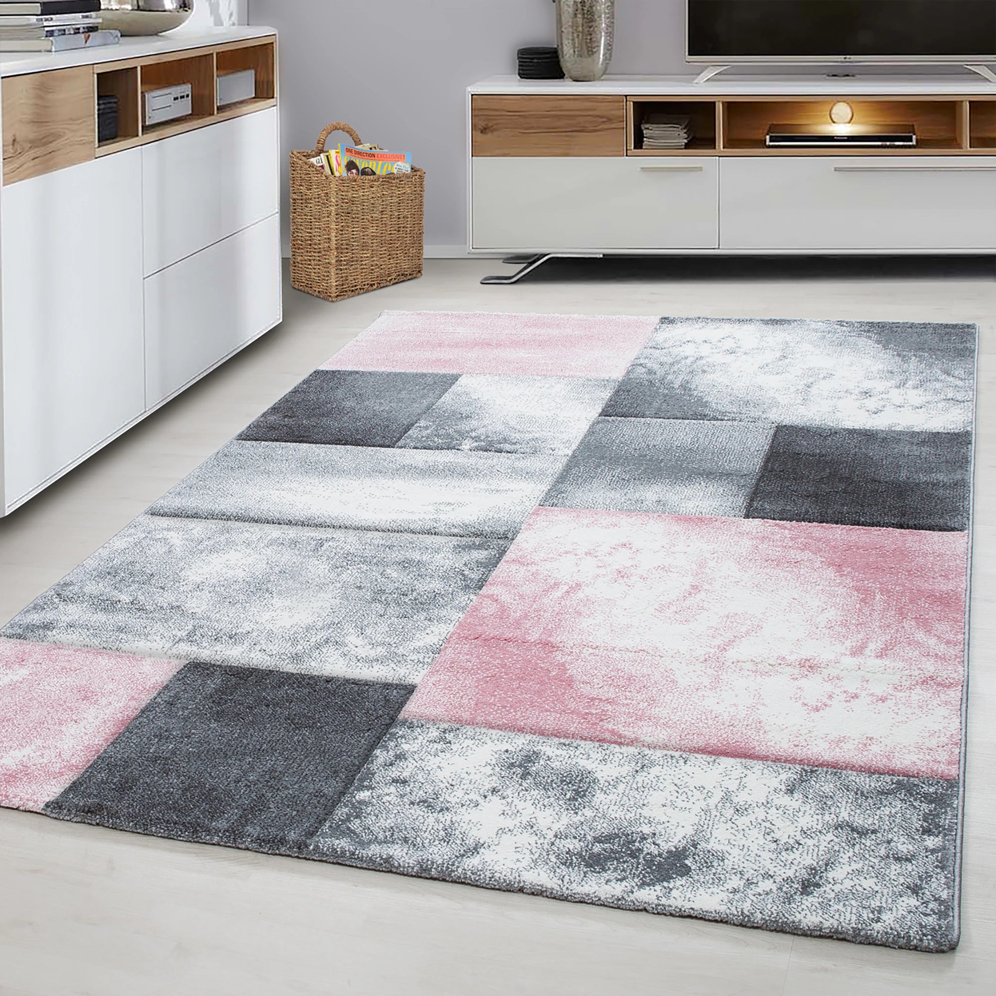 Abstract Distressed Block Pattern Area Rug | Pink