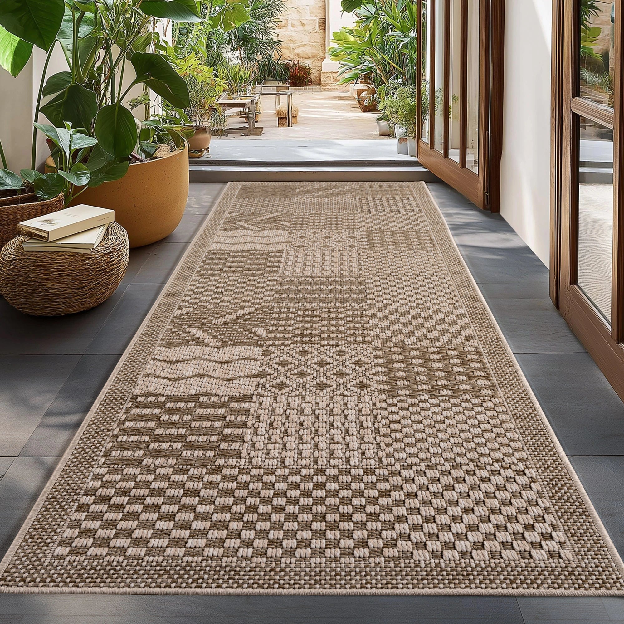 Plaid Checkerboard Patio Rug | Beige