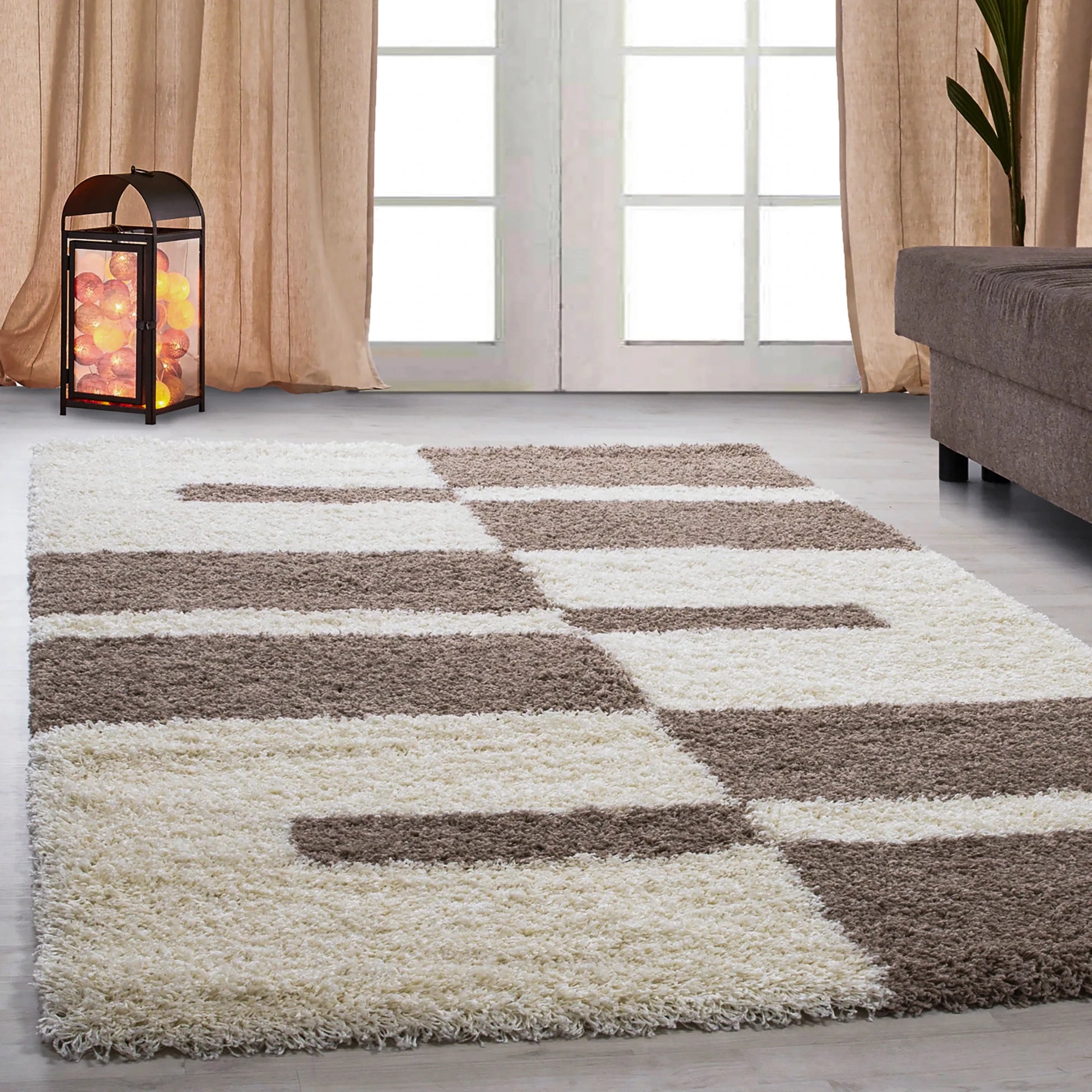 Karierter Block Shag Teppich | Beige