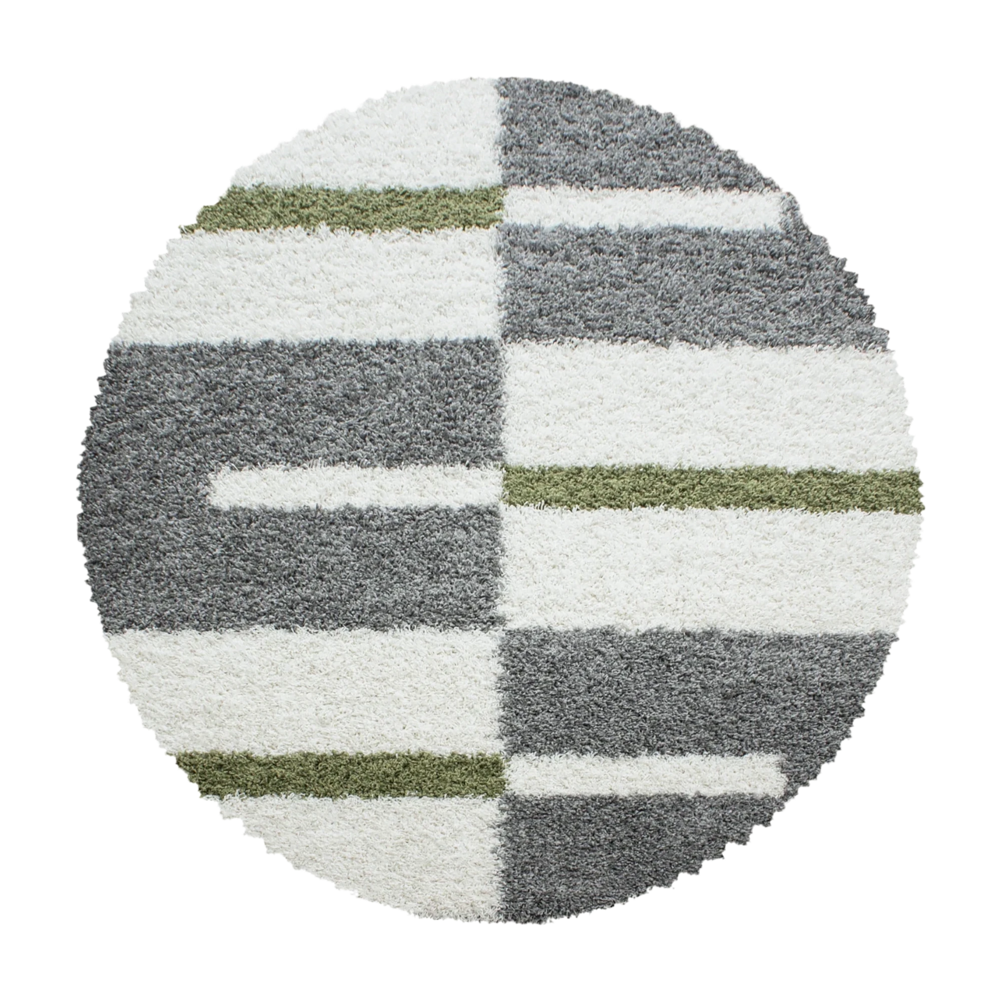 Round area rug with geometric pattern in gray, white, and green on a white background