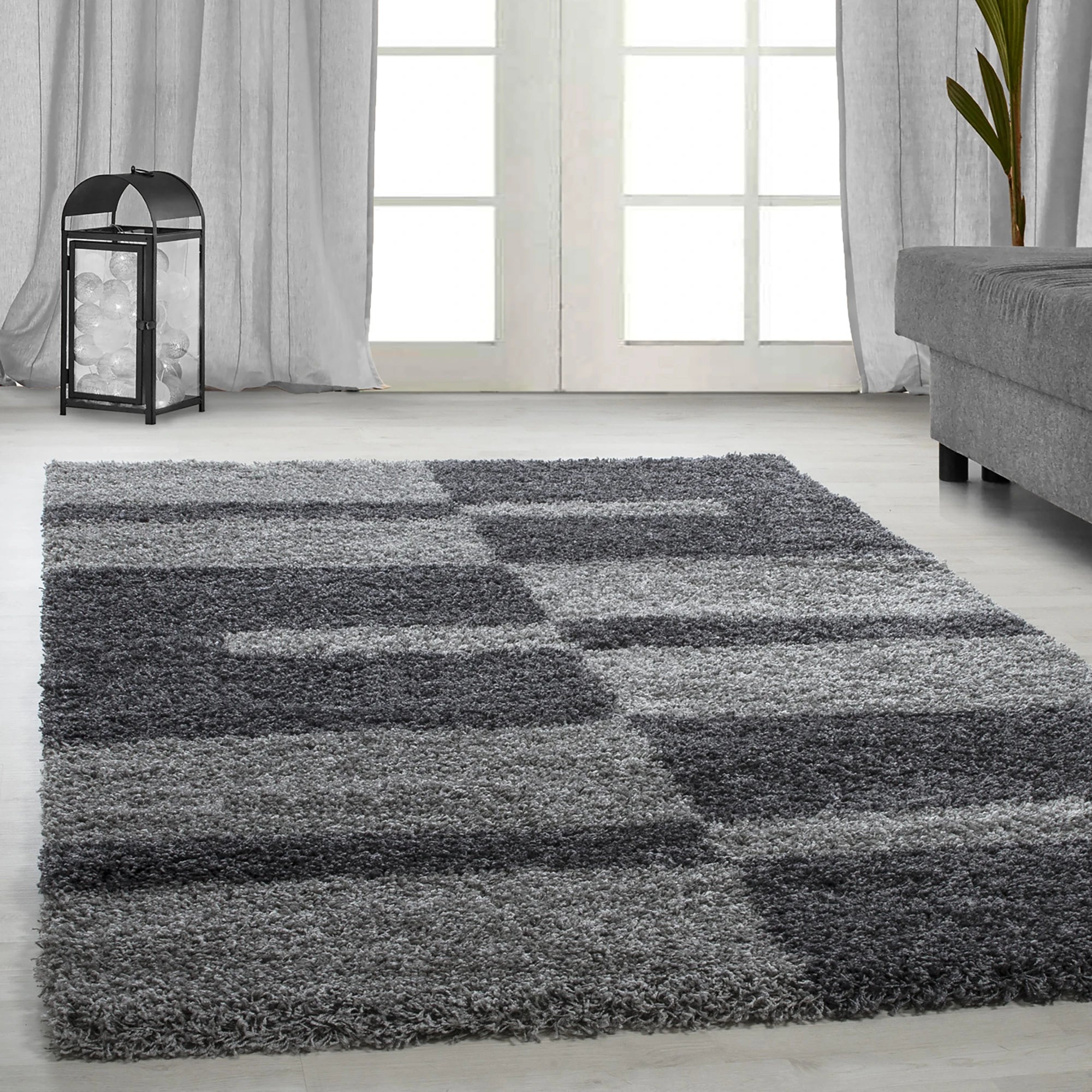 Checkered Plaid Block Shag Rug | Gray