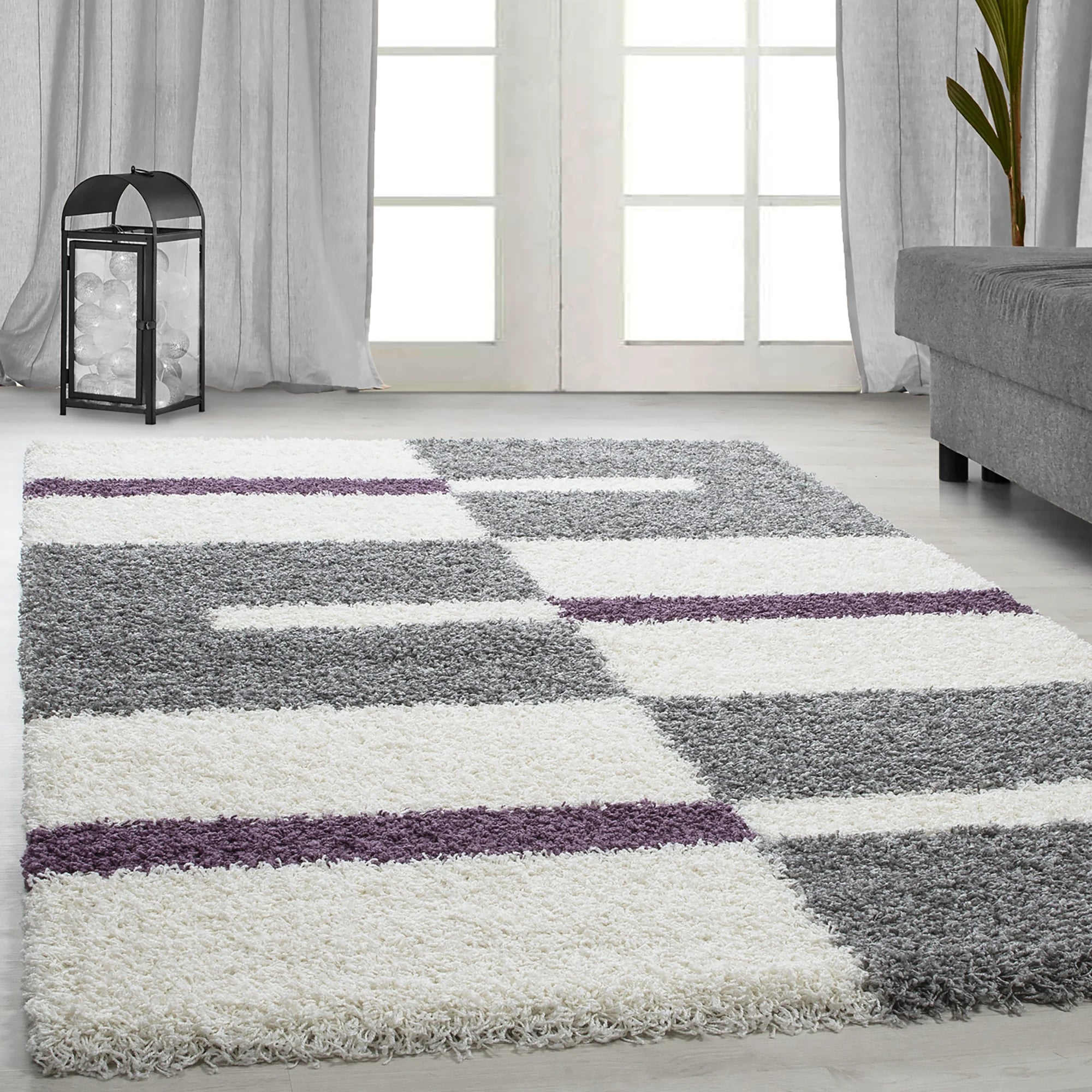 Karierter Block Shag Teppich | Lila